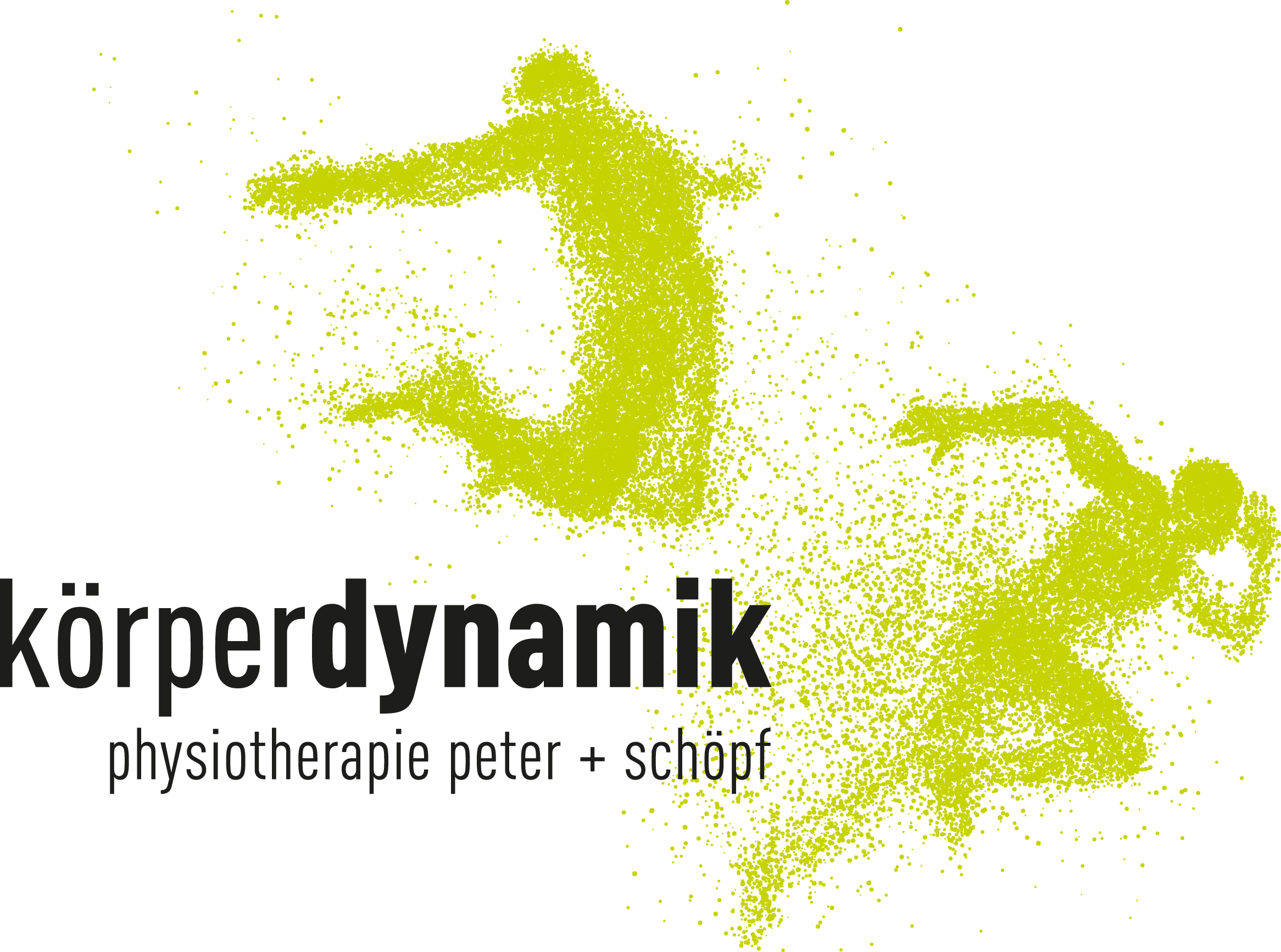 Schriftzug koerperdynamik mit zwei grünen Figuren in sportlicher Bewegung, darunter ein weiterer Schriftzug der lautet: physiotherapie peter + schöpf